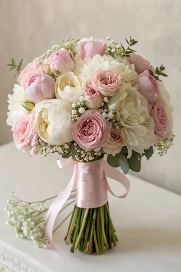 دسته گل عروس رز سفید و صورتی دسته گل عروس رز سفید و صورتی